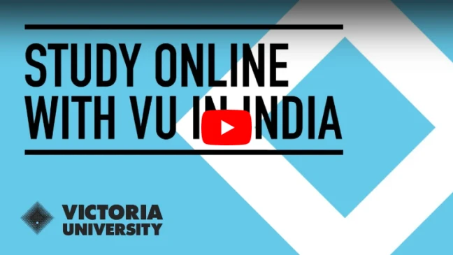 Victoria university building with a play ahead icon for video play